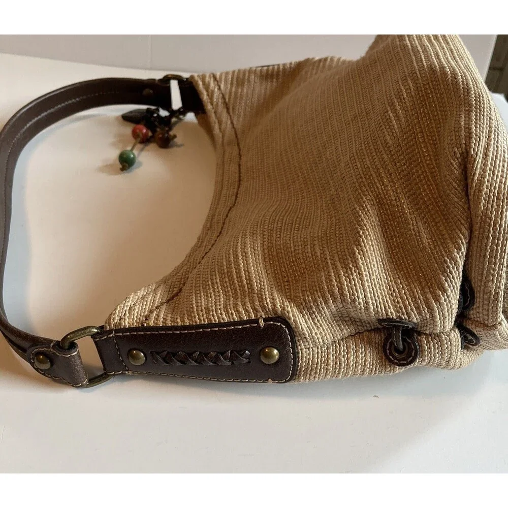 Fossil Straw Bag Genuine Classic Beige 3 Wood Beads Key Zippered Hobo Natural